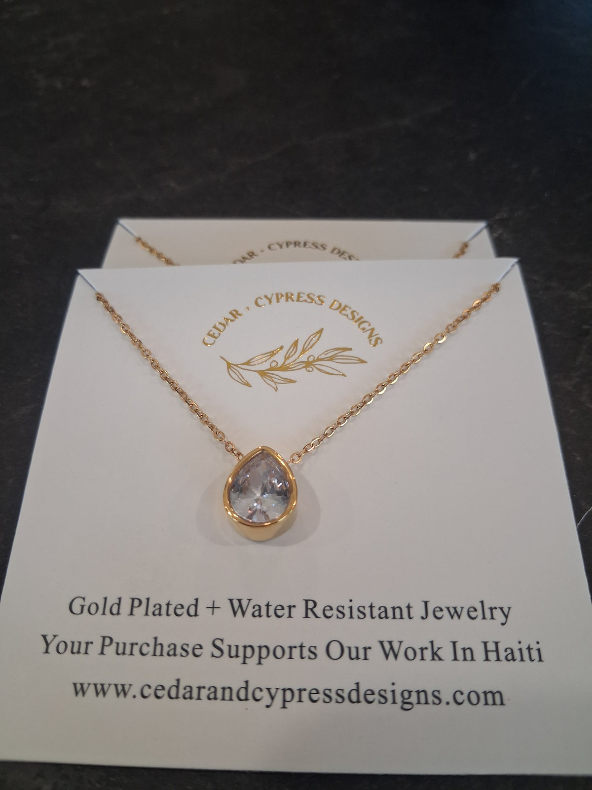 Cedar and Cypress Designs - Clear Gem Teardrop Necklace