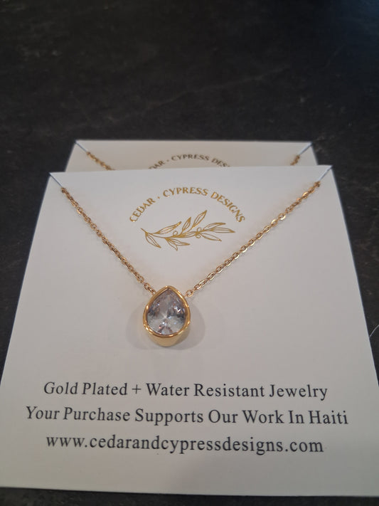 Cedar and Cypress Designs - Clear Gem Teardrop Necklace
